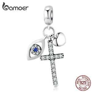 BAMOER Multiple Guardian Eye Pendant Charm for Bracelet 925 Sterling Silver Corss Charm Silver 925 Original Jewelry SCC1327