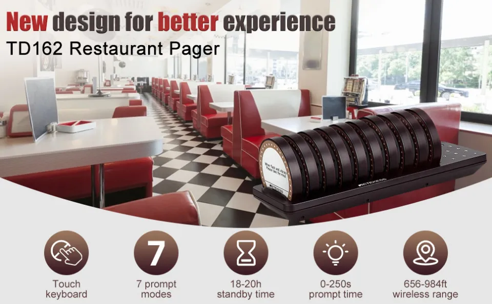 Retekess TD163 Oproepsysteem Restaurant, 20 Pagers, 400M, Blauw LED Licht, 31 Oproepmodi, 20H Standby, Touchscreen Toetsenbord, Semafoonsysteem voor Restaurant, Hotel, Bar