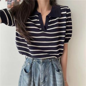 【STOCK+COD】korean style stripe polo shirt for women knitted blouse on sale casual top v-neck short sleeve loose fit