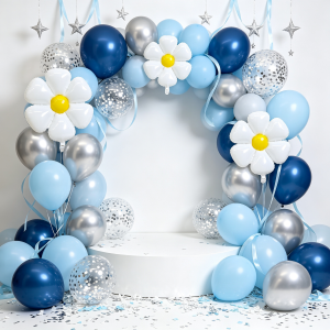 48pcs balloon set blue and silver daisy-themed balloons with small daisy foil balloons suitable for daisy-themed party decorations birthday parties outdoor party decorations spring-themed decorations and party balloon decorations.