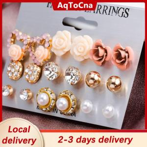 [COD] AqToCna Ship within 24 hours 9 Pairs Set Womens Crystal Pearl Flower Ear Studs Earrings Elegant Jewelry Gift