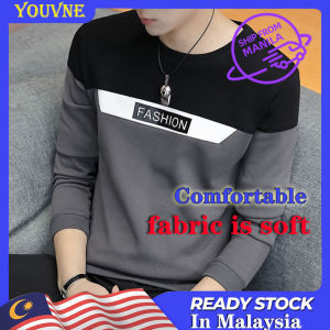 Malaysia T-shirt mens color matching t-shirt mens Long Sleeve Sweatshirt slim t-shirt Top Black Red