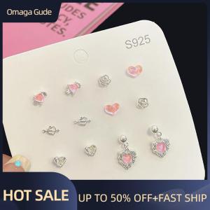 Omaga 1Set Korea Cute Pink Heart Little Stud Earrings Sweet Cool Love Zircon Ear Studs Aesthetic Earrings Girl Jewelry Gift