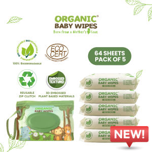 Organic Baby Wipes Eco-Pack 64 Sheet Pack of 5 with Zip Clutch Reusable Pouch