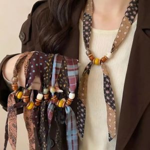 Khăn Lụa Retro Khóa Hạt Gỗ Đeo Nhanh – Khăn Lụa Twilly Nữ Vòng Cổ Không Cần Thắt Phối Đồ Thanh Lịch