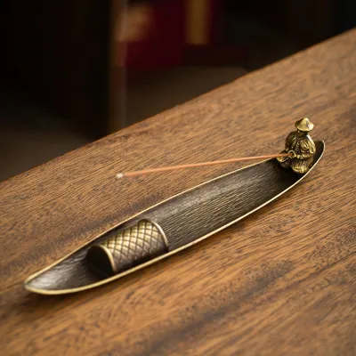 ELTONB Boat Shape Incense Holder Old Men Fishing Metal Incense Burner Decorative Zen Style Incense Stick Burner Home Office Decor