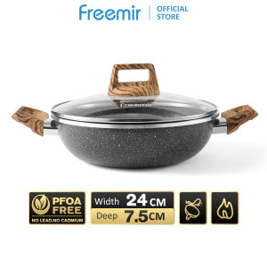 freemir Panci Hitam/Beige Diameter 24cm Kedalaman 7.5 cm dengan Tutup Kaca dan 2 Gagang Kayu Panci Anti Lengket Wajan Serbaguna