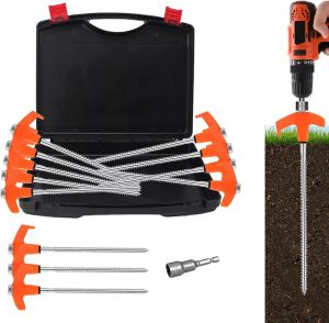 8" Tent Stakes Heavy Duty 12 Pack Screw in Tent Stakes Metal Threaded Camping Stakes Ground Anchors for Canopies Gardening Yard Stakes for Inflatables with Storage and Hex Socket