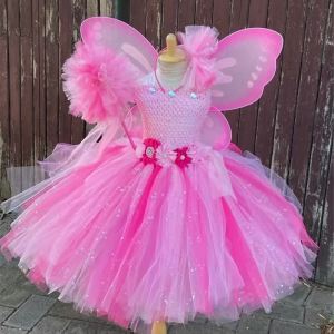 Girls Purple Glitter Dress Kids Flower Fairy Tutu Dresses with Butterfly Wing and Stick Hairbow Children Cosplay Party Costumes2026