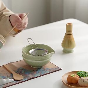 7Pcs Matcha Set Japanese Matcha Set Matcha Bowl with Pouring Spout Bamboo Whisk Scoop & Whisk Holder Gifts Elders