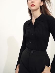 Double-breasted woolen knitted sweater for women in autumn slimming base layer slit top Polo shirt  MY0-1214TM0857-B