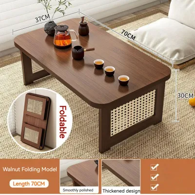Folding tea table tatami low table bamboo and rattan woven small table traditional Chinese style tea table bay window/balcony table bedroom small table home folding table