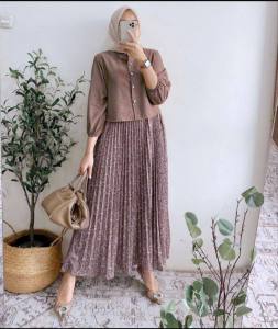 New Zavika Set Rok Plisket dan Kemeja Polo Linen Premium Wanita Dewasa Kekinian Terbaru Viral Tiktok