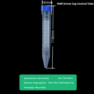 100Pcs 15ML Centrifuge Tube Conical Buttom With Graduation Level Color Blue Cap