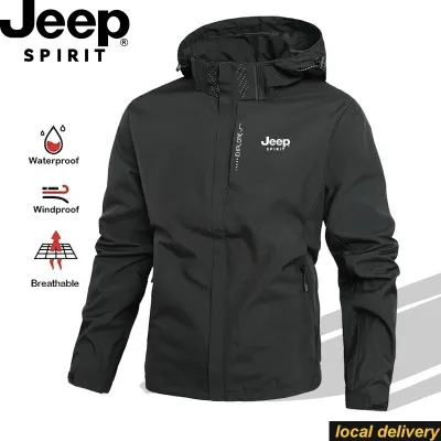 JEEP SPIRIT แจ็คเก็ตกันน้ำสำหรับผู้ชาย เสื้อกันฝน Hooded แจ็คเก็ตเดินป่ากลางแจ้งแคมป์ผู้หญิงขี่รถจักรยานยนต์ Windbreaker