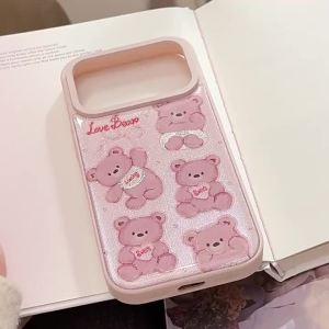 Korean Cute Cartoon Bear Drop Glue Glitter Phone Case For iPhone 17 Air 16 15 14 13 Pro Max Shockproof Hard Cover