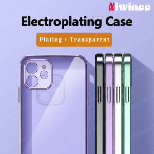 NIWINEE หรูหราชุบสแควร์ตรงขอบใส TPU Soft Case สำหรับ Samsung Galaxy S21 5G / S21 Plus 5G / S21 Ultra 5G / S22 / S22 Plus / S22 Ultra Clear ฝาครอบโทรศัพท์เต็มรูปแบบเคสใส่เลนส์ Carema ขายดี