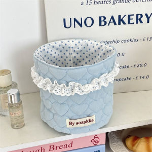 Fabric Storage Basket Quilted Heart Pattern Round Tidy Bin Desktop Organizer for Cosmetics Snacks Bakul Kain
