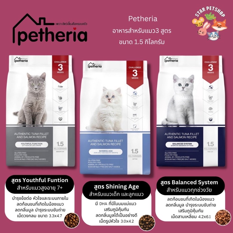 อาหารแมวแบบแห้ง Petheria อาหารแมว เพ็ทเทอเรีย ครบทุกสูตร ลดการเกินก้อนขน ไม่เค็ม ขนาด 1.5 กิโลกรัม