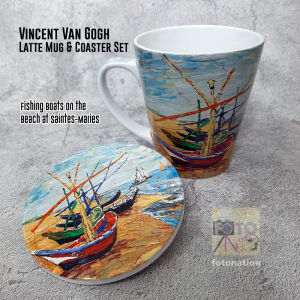 Latte Mug 12 oz and Ceramic Coaster Set. Vincent Van Gogh Art Series: Fishing boats on the beach