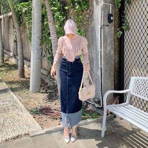 Two Tone Rok Skrit Jeans Highwaist Wanita Streach Panjang Serut Casual