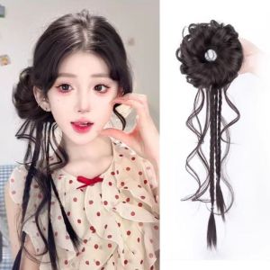 SUTONGXUE Hàn Quốc Tóc giả đầu búi hoa Tóc đuôi ngựa Băng Đô Búi Tóc xoăn lộn xộn Ngọt ngào Tự nhiên Tóc Giả bện xoắn Phụ nữ