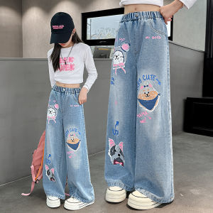 Korean Style Maong Pants for Kids Girls Cartoon Dog Print Cute Jeans High Quality Casual Baggy Pants Childrens Denim Trousers 7-16yrs
