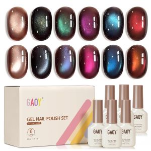 GAOY Brown Chameleon Cat Eye Gel Kit with Magnet 6 Colors Glitter Holographic Set UV Gel for DIY Mani at Home Aurora Veil