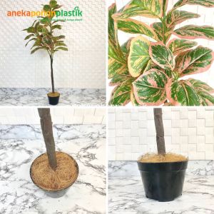 Pohon Hias Tanaman Imitasi Daun Karet Merah Muda / Hijau Tua X3 T140 Latex Artificial Pot Dasar Hitam Dekorasi Rumah