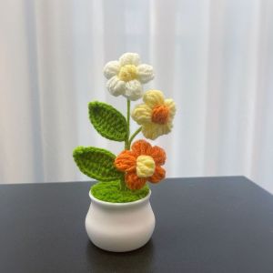 KEYOOL DIY Crochet Flower Potted Mini Handwoven Woolen Thread Finished Product  Artificial Flowers Pot Office Desktop