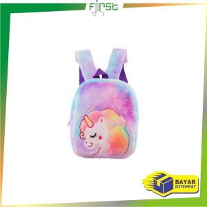 FH-T54 Tas Ransel Anak Karakter Kuda Pony Rainbow Model Bulu Halus / Tas Sekolah Anak Paud TK Lucu