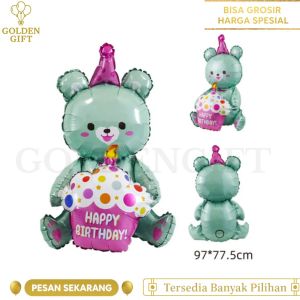 Balon Foil Jumbo Topi Beruang Cupcake / Bear Cupcake Pink/Beruang Topi 4D / Birthday