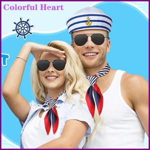 Colorful Heart ชุดหมวกกะลาสีผ้าพันคอสี่เหลี่ยมผืนเล็กสำหรับผู้หญิงผ้าพันคอซาตินลายทางสำหรับพนักงานต้อนรับบนเครื่องบินลายคริสต์มาส