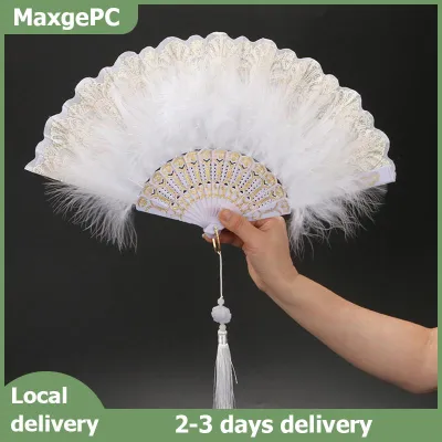 MekongTrade Lolita Feather Folding Fan Japanese Sweet Fairy Girl Dark Gothic Court Dance Hand Fan with Pendant Gift Wedding Party Decoration