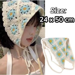 Khăn Trùm Đầu Crochet Handmade Hoa Vintage Hàn Quốc – Mũ Len Bandana Boho Y2K Headscarf Nữ Đi Biển