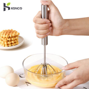 KONCO semi-automatic Egg Whisk Egg beater Stainless Steel Balloon Wire Whisk Baking Blender Egg Frother Milk Beater Kitchen Utensil for Egg Blending Stirring
