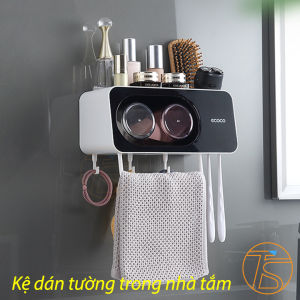 Kệ nhà tắm đa năng dán tường để bàn chải Ecoco E2111 - Kệ để kem đánh răng 2 cốc có móc máng đồ - Kệ để đồ dùng nhà vệ sinh - Khay nhả kem E1922