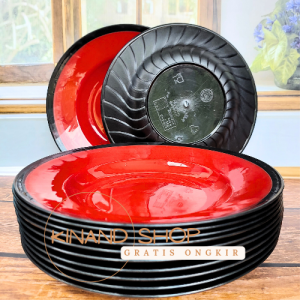 12 pcs piring ramen model ulir tebal dua warna piring makan cekung terlaris