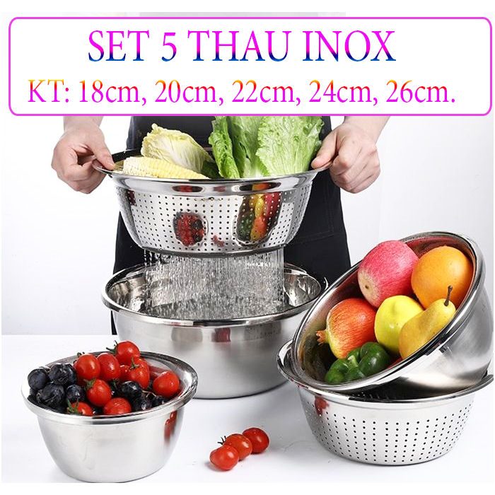 Bộ Thau Rổ Inox 5 Món nhà bếp tiện dụng | Lazada.vn