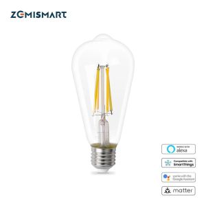 Zemismart Matter WiFi ST64 Smart LED Vintage Filament Light CCT Bulb 7W ST64 E27 Dimmable Tungsten Lamp Siri Homekit SmartThings Alexa Google Home Siri Voice 220V