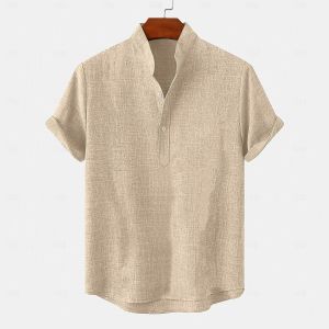 【Oufisun】Mens Shirt Summer Shirt Beach Wear Solid Color Casual Daily White Royal Blue Green Khaki Short Sleeve Band Collar Summer Clothing Apparel