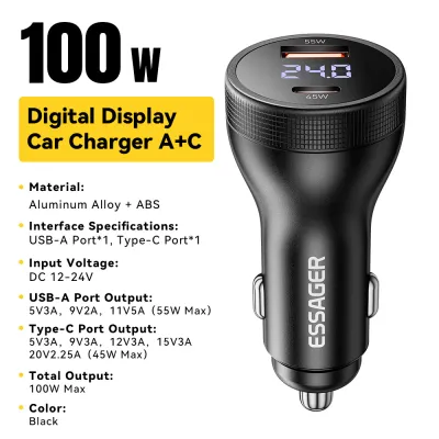 Essager 100W USB-A/Loại-C sạc điện dùng trên xe hơi với màn hình hiển thị kỹ thuật số sạc siêu nhanh dual-cổng sạc điện dùng trên xe hơi PD 3.0 QC 4.0