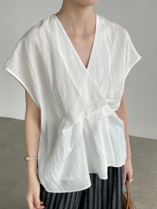 2026 Summer New Women V Neck Flutter Sleeve Blouse Relaxed Pleated Design Casual Sleeveless Shirt