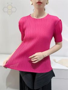 ∏♦❈ S-649 Average Size Summer T-Shirt Pleated Top Womens Pleated Clothes Slim Fit Short-Sleeved Round Neck