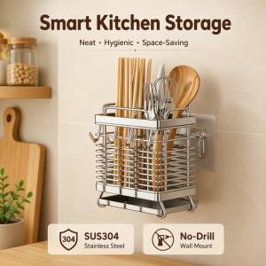 Stainless Steel Wall-Mounted Kitchen Chopstick Holder Drain Basket and Spoon & Fork OrganizerKitchen Accessories