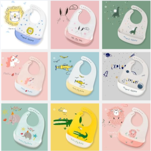 Dita_shop ถาดกันเปื้อน ผ้ากันเปื้อนเด็กซิลิโคน  มีถาดรองเศษอาหาร ปรับได้ 6 ระดับ (คละลาย)