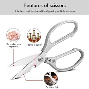 2Pcs Stainless Steel Kitchen Scissors/Chicken Bone Scrape Fish Scales Shears/Bottle Opener Scissor
