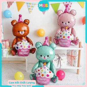 Phụ Kiện Sinh Nhật - Bóng gấu ôm hình bánh kem Happy Birthday trang trí sinh nhật - MBBDECOR
