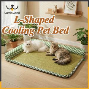 Lovinland Pet Summer Cooling Pet Bed Green Checkered Design Breathable Rattan Mat for Cats & Small Dogs L-Shaped Cooling Pet Bed Checkered Neck Protection Detachable Washable