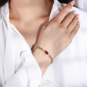 SEQUITO Fashion Marquise Ruby Red Cubic Zirconia Stone Setting 916 Gold Color Cuban Chain Bracelet Dubai Style Wedding Jewelry for Women B139